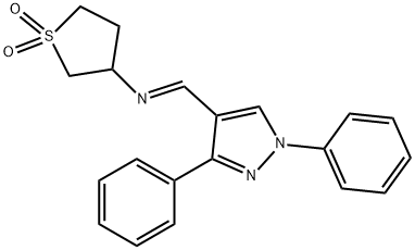 (E)-3-(((1,3-diphenyl-1H-pyrazol-4-yl)methylene)amino)tetrahydrothiophene 1,1-dioxide 구조식 이미지