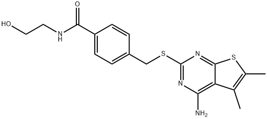 4-(((4-amino-5,6-dimethylthieno[2,3-d]pyrimidin-2-yl)thio)methyl)-N-(2-hydroxyethyl)benzamide Structure