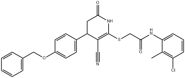 2-((4-(4-(benzyloxy)phenyl)-3-cyano-6-oxo-1,4,5,6-tetrahydropyridin-2-yl)thio)-N-(3-chloro-2-methylphenyl)acetamide 구조식 이미지