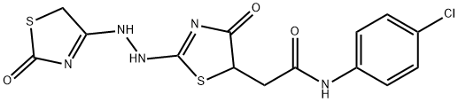 N-(4-chlorophenyl)-2-((E)-4-oxo-2-(((E)-2-oxothiazolidin-4-ylidene)hydrazono)thiazolidin-5-yl)acetamide 구조식 이미지