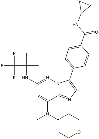 N-cyclopropyl-4-[8-(oxan-4-ylmethylamino)-6-[(1,1,1-trifluoro-2-methylpropan-2-yl)amino]imidazo[1,2-b]pyridazin-3-yl]benzamide 구조식 이미지