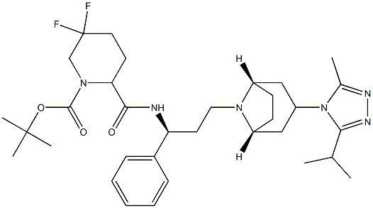 tert-butyl 5,5-difluoro-2-((S)-3-((1S,3R,5R)-3-(3-isopropyl-5-methyl-4H-1,2,4-triazol-4-yl)-8-aza-bicyclo[3.2.1]octan-8-yl)-1-phenylpropylcarbamoyl)piperidine-1-carboxylate Structure