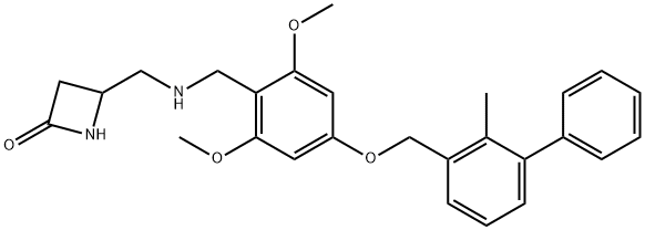 4-(((2,6-dimethoxy-4-((2-methyl-[1,1'-biphenyl]-3-yl)methoxy)benzyl)amino)methyl)azetidin-2-one 구조식 이미지