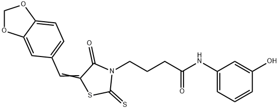 (Z)-4-(5-(benzo[d][1,3]dioxol-5-ylmethylene)-4-oxo-2-thioxothiazolidin-3-yl)-N-(3-hydroxyphenyl)butanamide 구조식 이미지