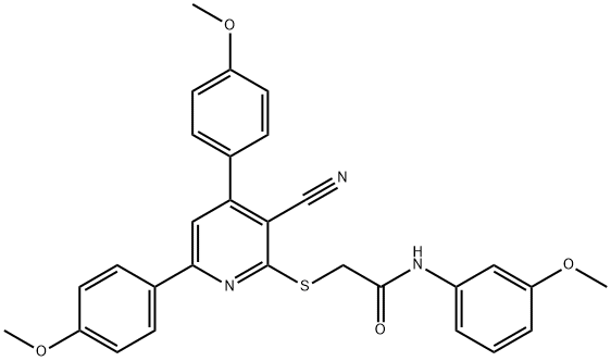 2-{[3-cyano-4,6-bis(4-methoxyphenyl)pyridin-2-yl]sulfanyl}-N-(3-methoxyphenyl)acetamide 구조식 이미지