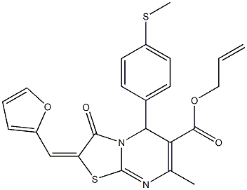 prop-2-enyl 8-(2-furylmethylidene)-4-methyl-2-(4-methylsulfanylphenyl)-9-oxo-7-thia-1,5-diazabicyclo[4.3.0]nona-3,5-diene-3-carboxylate 구조식 이미지