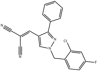 2-[[1-[(2-chloro-4-fluorophenyl)methyl]-3-phenylpyrazol-4-yl]methylidene]propanedinitrile Structure