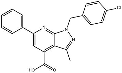 1-(4-Chlorobenzyl)-3-methyl-6-phenyl-1H-pyrazolo[3,4-b]pyridine-4-carboxylic acid 구조식 이미지
