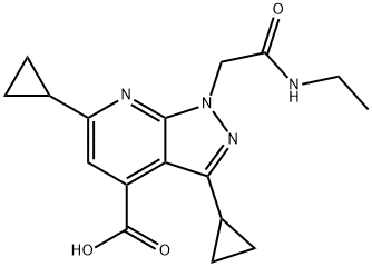 3,6-Dicyclopropyl-1-[2-(ethylamino)-2-oxoethyl]-1H-pyrazolo[3,4-b]pyridine-4-carboxylic acid 구조식 이미지