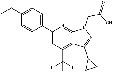 2-[3-Cyclopropyl-6-(4-ethylphenyl)-4-(trifluoromethyl)pyrazolo[3,4-b]pyridin-1-yl]acetic acid 구조식 이미지