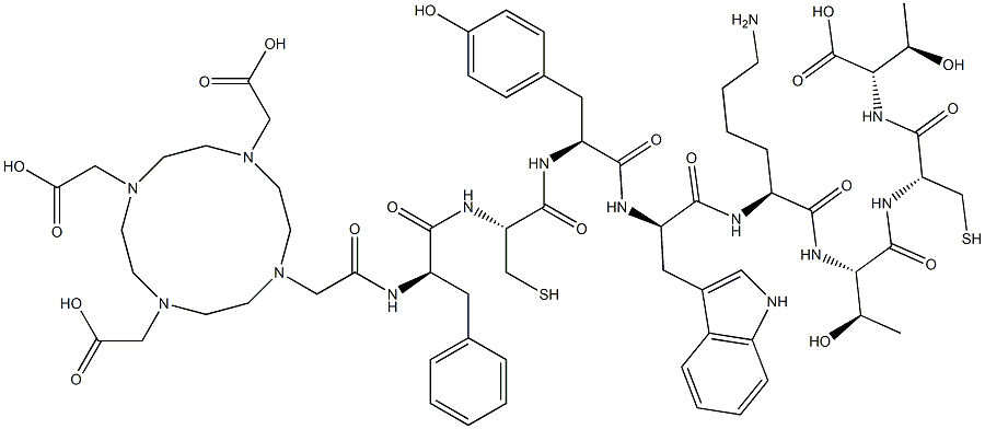 (2S,3R)-2-[[(2R)-2-[[(2S,3R)-2-[[(2S)-6-amino-2-[[(2R)-2-[[(2S)-3-(4-hydroxyphenyl)-2-[[(2R)-2-[[(2R)-3-phenyl-2-[[2-[4,7,10-tris(carboxymethyl)-1,4,7,10-tetrazacyclododec-1-yl]acetyl]amino]propanoyl]amino]-3-sulfanylpropanoyl]amino]propanoyl]amino]-3-(1H-indol-3-yl)propanoyl]amino]hexanoyl]amino]-3-hydroxybutanoyl]amino]-3-sulfanylpropanoyl]amino]-3-hydroxybutanoic acid Structure