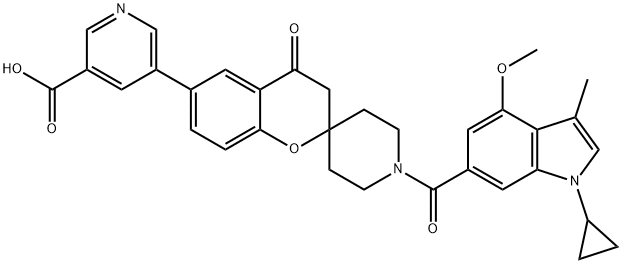 5-(1'-(1-cyclopropyl-4-methoxy-3-methyl-1H-indole-6-carbonyl)-4-oxospiro[chromane-2,4'-piperidin]-6-yl)nicotinicacid 구조식 이미지