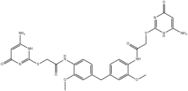 2-[(6-amino-4-oxo-1H-pyrimidin-2-yl)sulfanyl]-N-[4-[[4-[[2-[(6-amino-4-oxo-1H-pyrimidin-2-yl)sulfanyl]acetyl]amino]-3-methoxyphenyl]methyl]-2-methoxyphenyl]acetamide Structure
