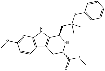 1H-Pyrido[3,4-b]indole-3-carboxylic acid, 2,3,4,9-tetrahydro-7-methoxy-1-[2-methyl-2-(phenylthio)propyl]-, methyl ester, (1R,3S)- 구조식 이미지