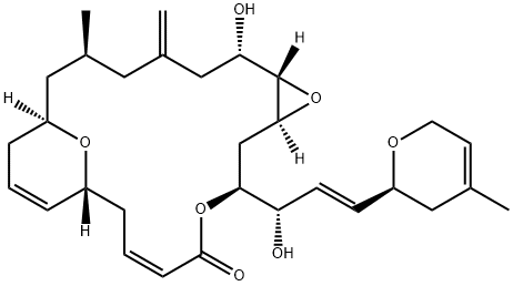 9,13,22-Trioxatricyclo[16.3.1.08,10]docosa-15,19-dien-14-one,12-[(1S,2E)-3-[(2S)-3,6-dihydro-4-methyl-2H-pyran-2-yl]-1-hydroxy-2-propen-1-yl]-7-hydroxy-3-methyl-5-methylene-,(1R,3S,7S,8S,10S,12S,15Z,18R)- 구조식 이미지