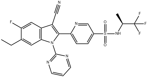 6-(3-cyano-6-ethyl-5-fluoro-1-pyrimidin-2-ylindol-2-yl)-N-[(2S)-1,1,1-trifluoropropan-2-yl]pyridine-3-sulfonamide 구조식 이미지