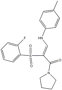 (Z)-2-(2-fluorophenyl)sulfonyl-3-(4-methylanilino)-1-pyrrolidin-1-ylprop-2-en-1-one Structure