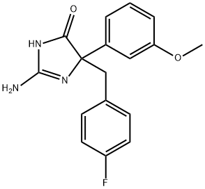 2-amino-5-[(4-fluorophenyl)methyl]-5-(3-methoxyphenyl)-4,5-dihydro-1H-imidazol-4-one 구조식 이미지