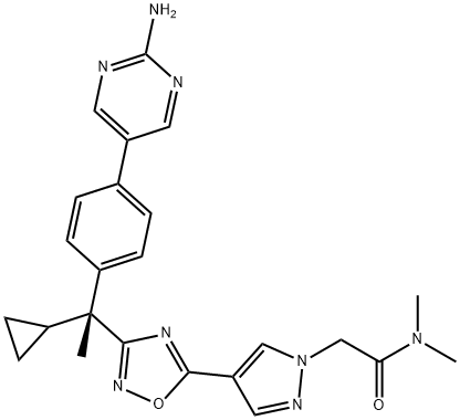 2-[4-[3-[(1R)-1-[4-(2-aminopyrimidin-5-yl)phenyl]-1-cyclopropylethyl]-1,2,4-oxadiazol-5-yl]pyrazol-1-yl]-N,N-dimethylacetamide Structure