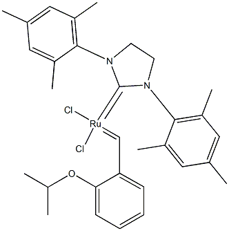 [1,3-bis(2,4,6-trimethylphenyl)imidazolidin-2-ylidene]-dichloro-[(2-propan-2-yloxyphenyl)methylidene]ruthenium Structure