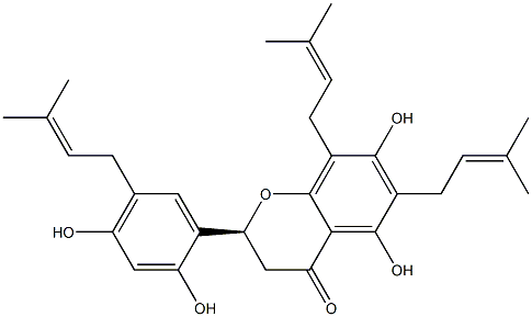 4H-1-Benzopyran-4-one,2-[2,4-dihydroxy-5-(3-methyl-2-buten-1-yl)phenyl]-2,3-dihydro-5,7-dihydroxy-6,8-bis(3-methyl-2-buten-1-yl)-,(2S)- 구조식 이미지