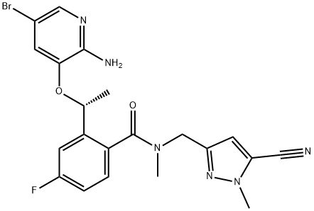 (R)-2-(1-(2-amino-5-bromopyridin-3-yloxy)ethyl)-N-((5-cyano-1-methyl-1H-pyrazol-3-yl)methyl)-4-fluoro-N-methylbenzamide 구조식 이미지