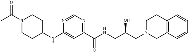 4-Pyrimidinecarboxamide, 6-[(1-acetyl-4-piperidinyl)amino]-N-[(2R)-3-(3,4-dihydro-2(1H)-isoquinolinyl)-2-hydroxypropyl]- 구조식 이미지