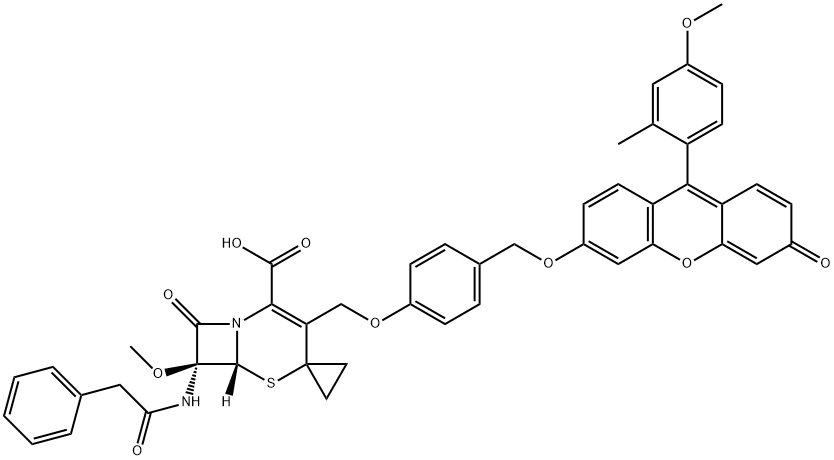 (1R,8S)-8-methoxy-4-{[4-({[9-(4-methoxy-2-methylphenyl)-3-oxo-3H-xanthen-6-yl]oxy}methyl)phenoxy]methyl}-7-oxo-8-(2-phenylacetamido)-2-thia-6-azaspiro[bicyclo[4.2.0]octane-3,1'-cyclopropan]-4-ene-5-carboxylic acid Structure