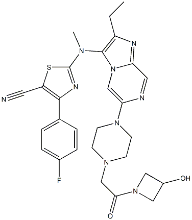 2-((2-ethyl-6-(4-(2-(3-hydroxyazetidin-1-yl)-2-oxoethyl)piperazin-1-yl)imidazo[1,2-a]pyrazin-3-yl)(methyl)amino)-4-(4-fluorophenyl)thiazole-5-carbonitrile Structure