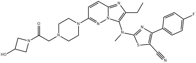 2-((2-ethyl-6-(4-(2-(3-hydroxyazetidin-1-yl)-2-oxoethyl)piperazin-1-yl)imidazo[1,2-b]pyridazin-3-yl)(methyl)amino)-4-(4-fluorophenyl)thiazole-5-carbonitrile Structure