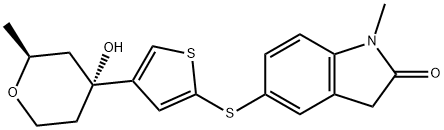 2H-Indol-2-one,1,3-dihydro-1-methyl-5-[[4-[(2S,4R)-tetrahydro-4-hydroxy-2-methyl-2H-pyran-4-yl]-2-thienyl]thio]- Structure