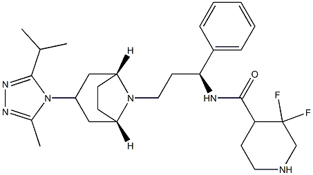 3,3-difluoro-N-((S)-3-((1S,3R,5R)-3-(3-isopropyl-5-methyl-4H-1,2,4-triazol-4-yl)-8-aza-bicyclo[3.2.1]octan-8-yl)-1-phenylpropyl)piperidine-4-carboxamide 구조식 이미지