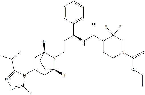 ethyl 3,3-difluoro-4-((S)-3-((1S,3R,5R)-3-(3-isopropyl-5-methyl-4H-1,2,4-triazol-4-yl)-8-aza-bicyclo[3.2.1]octan-8-yl)-1-phenylpropylcarbamoyl)piperidine-1-carboxylate 구조식 이미지