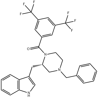 (S)-(2-((1H-indol-3-yl)methyl)-4-benzylpiperazin-1-yl)(3,5-bis(trifluoromethyl)phenyl)methanone Structure
