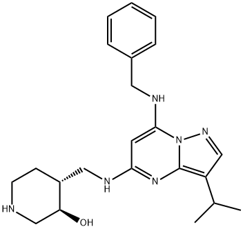 3-Piperidinol, 4-[[[3-(1-methylethyl)-7-[(phenylmethyl)amino]pyrazolo[1,5-a]pyrimidin-5-yl]amino]methyl]-, (3R,4R)- 구조식 이미지