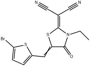 2-(5-((5-bromothiophen-2-yl)methylene)-3-ethyl-4-oxothiazolidin-2-ylidene)malononitrile 구조식 이미지