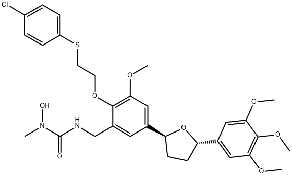 Urea, N'-[[2-[2-[(4-chlorophenyl)thio]ethoxy]-3-methoxy-5-[(2S,5S)-tetrahydro-5-(3,4,5-trimethoxyphenyl)-2-furanyl]phenyl]methyl]-N-hydroxy-N-methyl- Structure