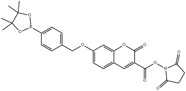 2,5-dioxopyrrolidin-1-yl 2-oxo-7-((4-(4,4,5,5-tetramethyl-1,3,2-dioxaborolan-2-yl)benzyl)oxy)-2H-chromene-3-carboxylate Structure
