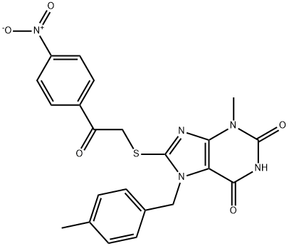 3-methyl-7-(4-methylbenzyl)-8-((2-(4-nitrophenyl)-2-oxoethyl)thio)-3,7-dihydro-1H-purine-2,6-dione Structure