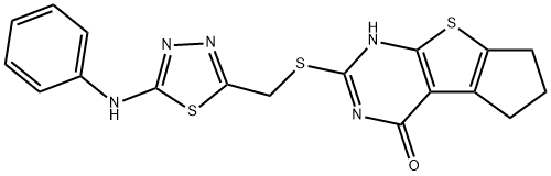 2-(((5-(phenylamino)-1,3,4-thiadiazol-2-yl)methyl)thio)-3,5,6,7-tetrahydro-4H-cyclopenta[4,5]thieno[2,3-d]pyrimidin-4-one 구조식 이미지