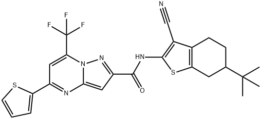 N-(6-(tert-butyl)-3-cyano-4,5,6,7-tetrahydrobenzo[b]thiophen-2-yl)-5-(thiophen-2-yl)-7-(trifluoromethyl)pyrazolo[1,5-a]pyrimidine-2-carboxamide 구조식 이미지