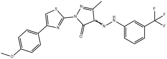 2-[4-(4-methoxyphenyl)-1,3-thiazol-2-yl]-5-methyl-4-{[3-(trifluoromethyl)phenyl]hydrazono}-2,4-dihydro-3H-pyrazol-3-one 구조식 이미지