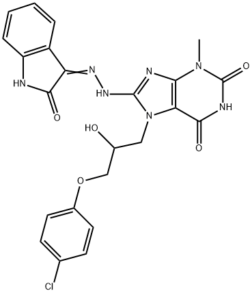 (E)-7-(3-(4-chlorophenoxy)-2-hydroxypropyl)-3-methyl-8-(2-(2-oxoindolin-3-ylidene)hydrazinyl)-3,7-dihydro-1H-purine-2,6-dione 구조식 이미지
