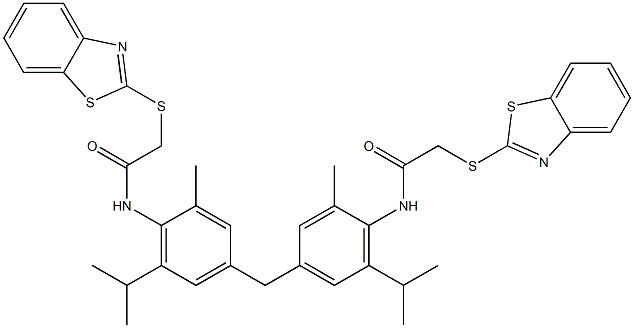 N,N'-{methanediylbis[2-methyl-6-(propan-2-yl)benzene-4,1-diyl]}bis[2-(1,3-benzothiazol-2-ylsulfanyl)acetamide] 구조식 이미지