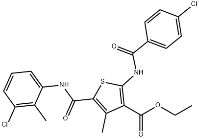 ethyl 5-[(3-chloro-2-methylphenyl)carbamoyl]-2-{[(4-chlorophenyl)carbonyl]amino}-4-methylthiophene-3-carboxylate 구조식 이미지