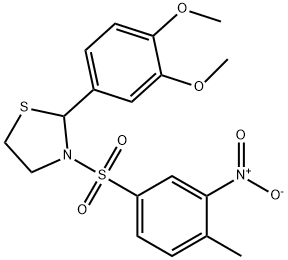 2-(3,4-dimethoxyphenyl)-3-((4-methyl-3-nitrophenyl)sulfonyl)thiazolidine 구조식 이미지