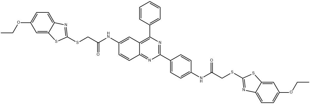 2-[(6-ethoxy-1,3-benzothiazol-2-yl)sulfanyl]-N-{2-[4-({[(6-ethoxy-1,3-benzothiazol-2-yl)sulfanyl]acetyl}amino)phenyl]-4-phenylquinazolin-6-yl}acetamide 구조식 이미지