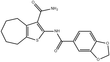 N-(3-carbamoyl-5,6,7,8-tetrahydro-4H-cyclohepta[b]thiophen-2-yl)-1,3-benzodioxole-5-carboxamide 구조식 이미지