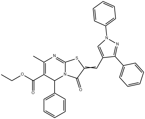ethyl (Z)-2-((1,3-diphenyl-1H-pyrazol-4-yl)methylene)-7-methyl-3-oxo-5-phenyl-2,3-dihydro-5H-thiazolo[3,2-a]pyrimidine-6-carboxylate Structure