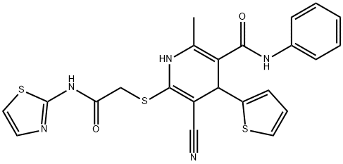 5-cyano-2-methyl-6-((2-oxo-2-(thiazol-2-ylamino)ethyl)thio)-N-phenyl-4-(thiophen-2-yl)-1,4-dihydropyridine-3-carboxamide Structure